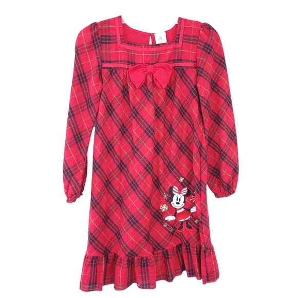 Disney Flannel Pajama Nightgown Sz 9/10 Girl Red Black Plaid Minnie Mouse Japan - Picture 1 of 5